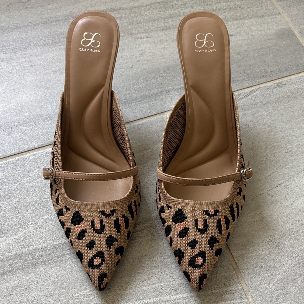 Cosy island Leopard-Print Pointed  Mule heels stilettos 9.5